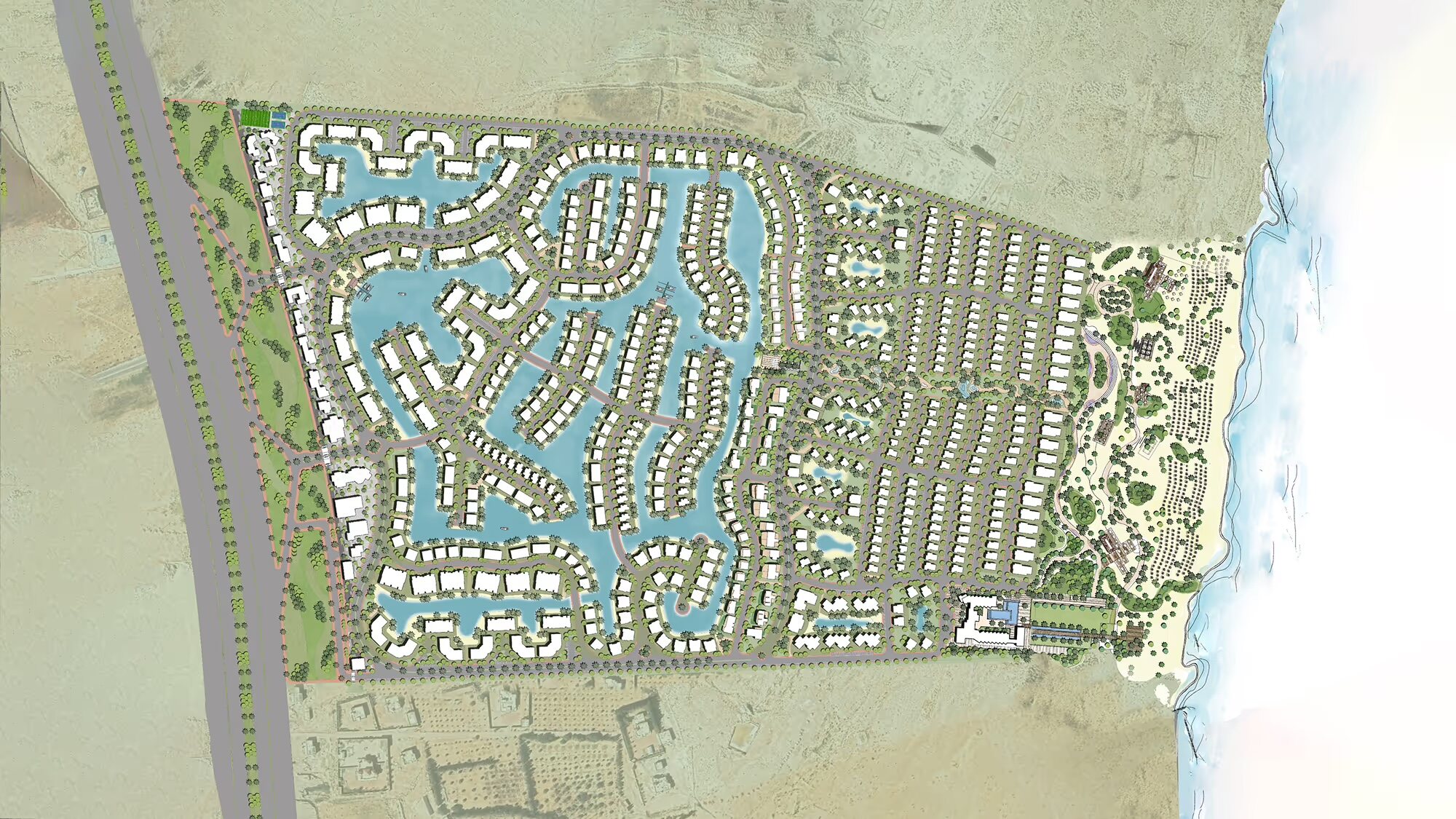Aerial view of Azha Ras El Hekma's lagoons and green valley
