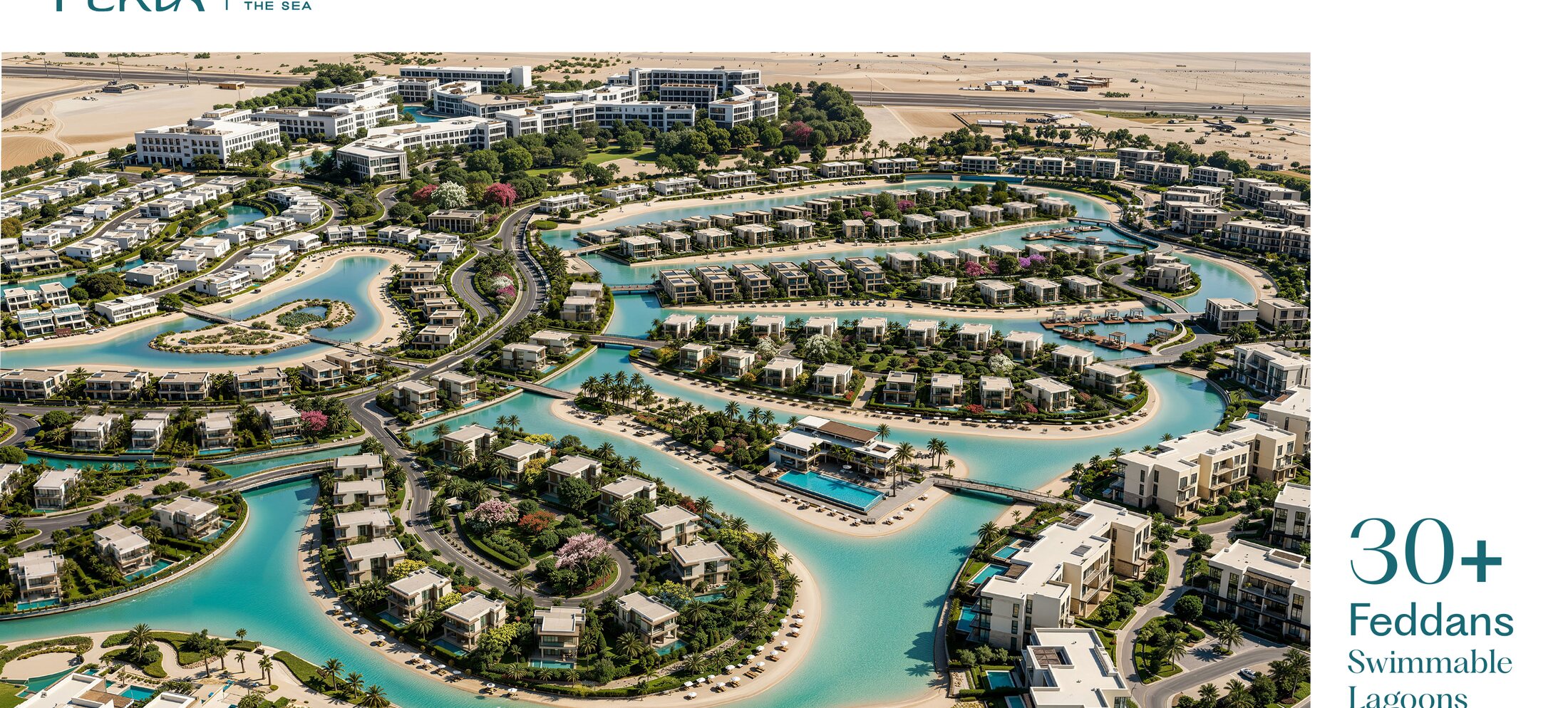 Aerial masterplan of Perla's lagoons and beachfront