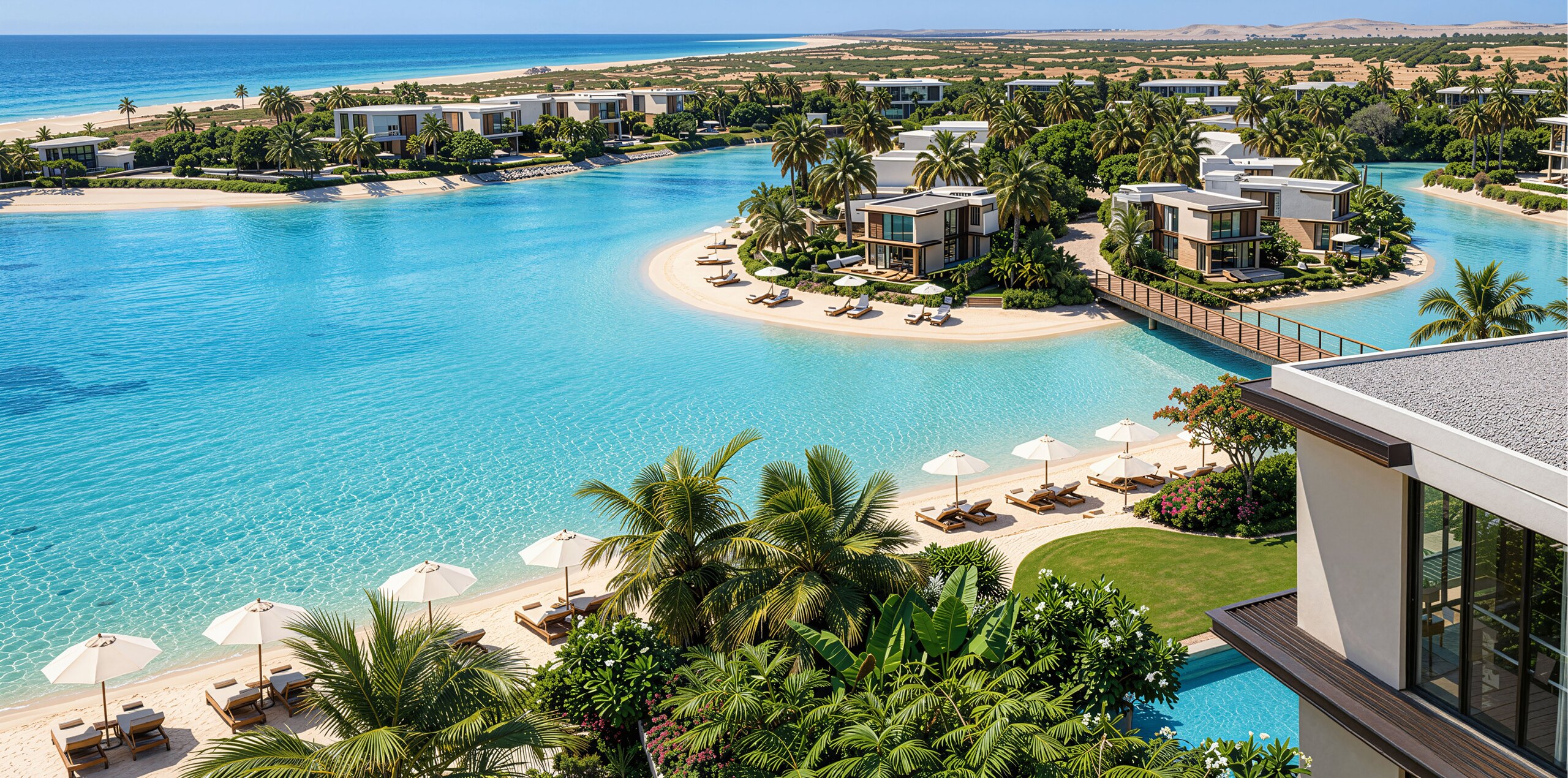 Aerial view of a North Coast beachfront resort with turquoise lagoons