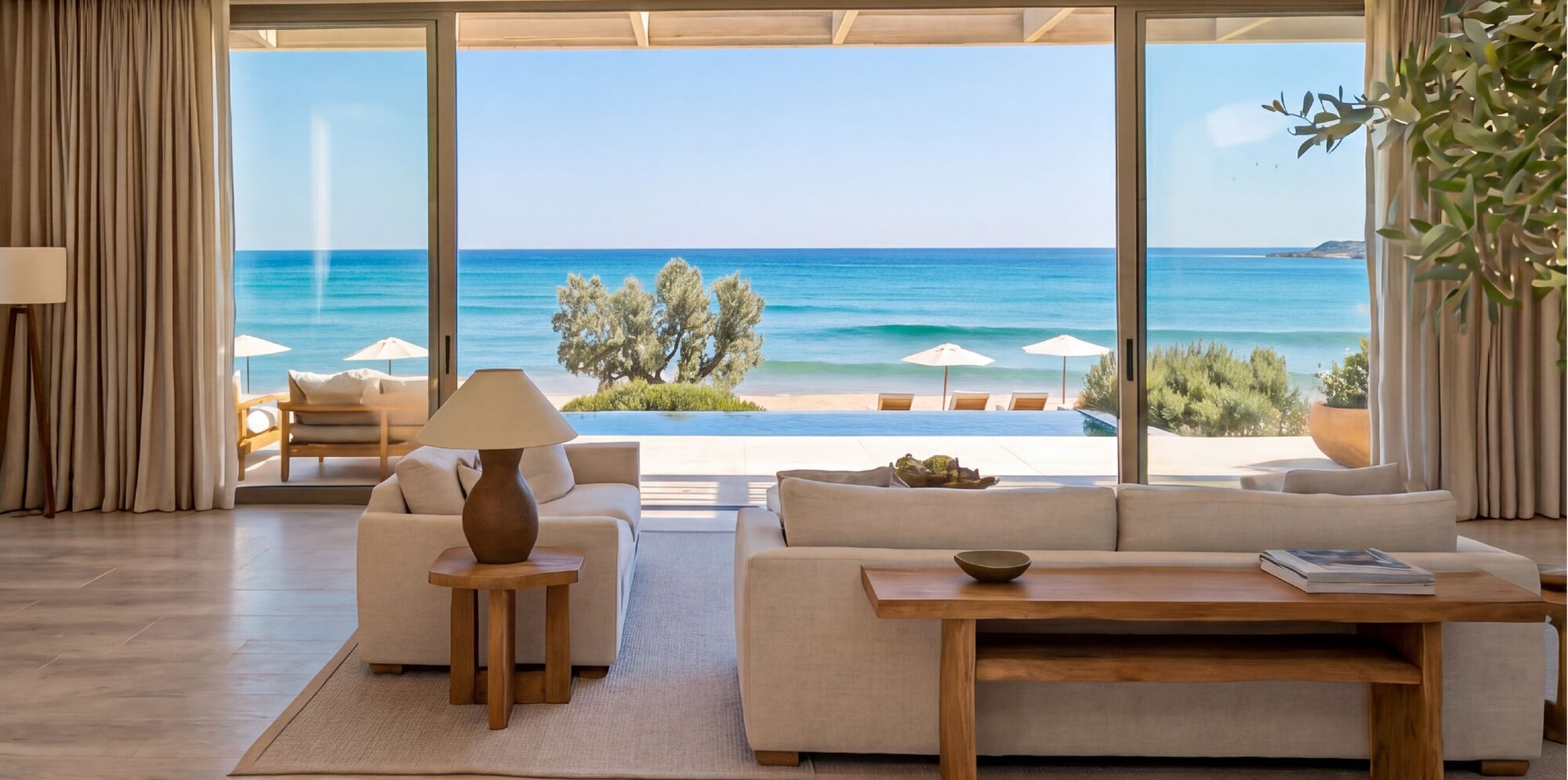 Bright living room opening to the sea