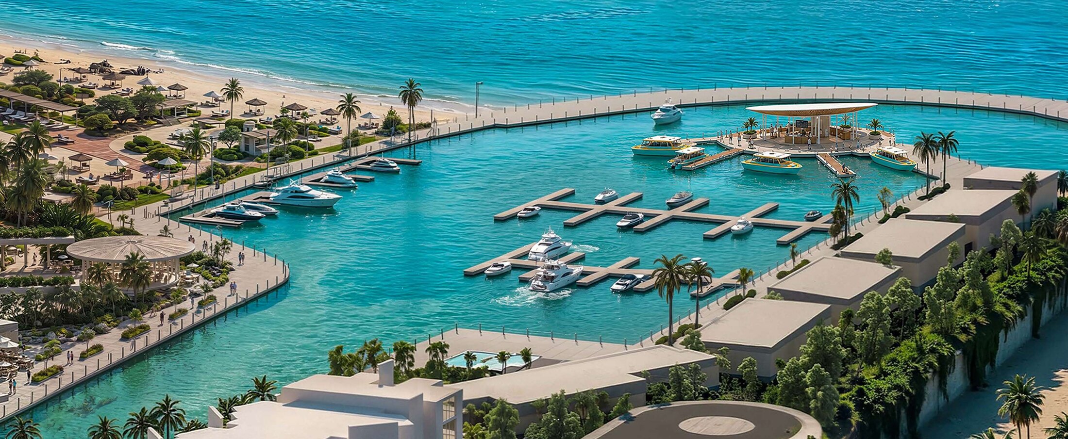Aerial masterplan render of SALT around its marina