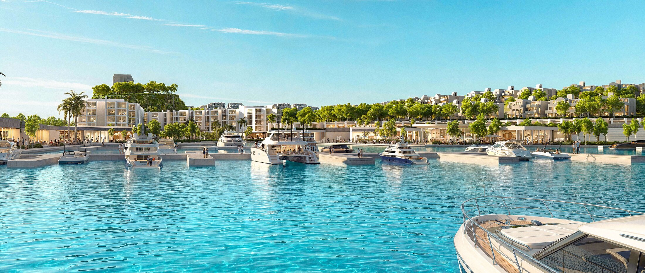 Aerial of the SALT yacht marina, piers and turquoise basin