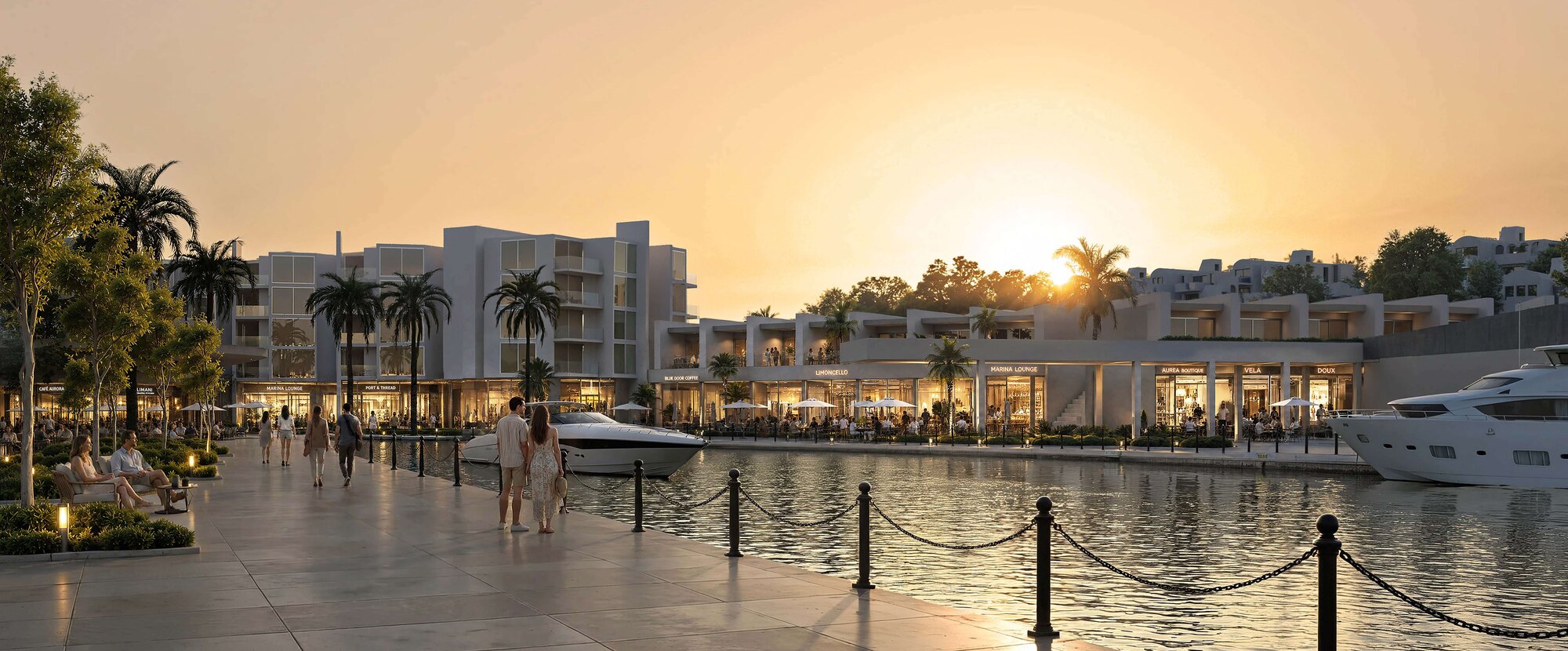 Palm-lined waterfront promenade