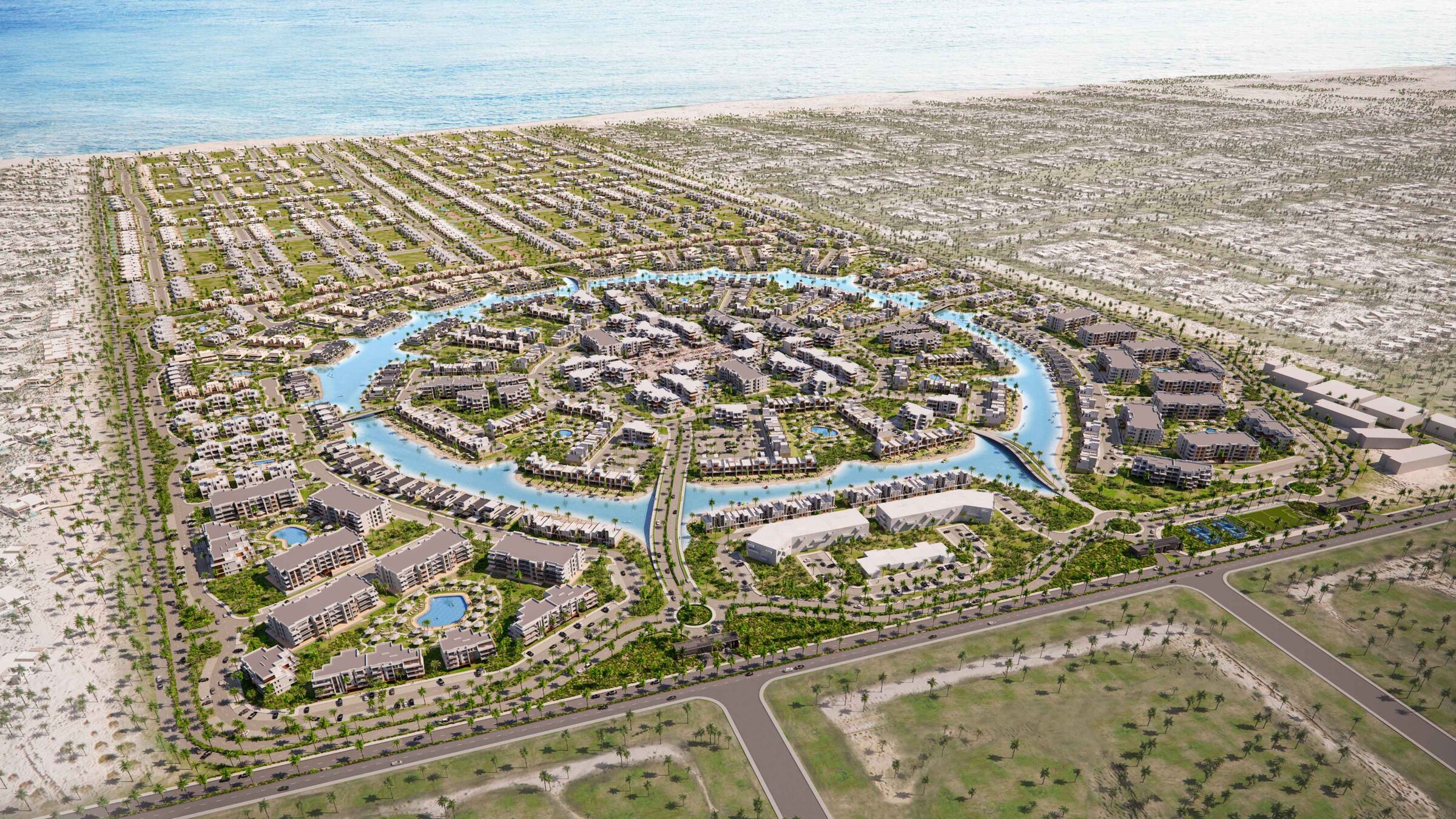 Aerial masterplan render of Silversands around its crystal lagoon