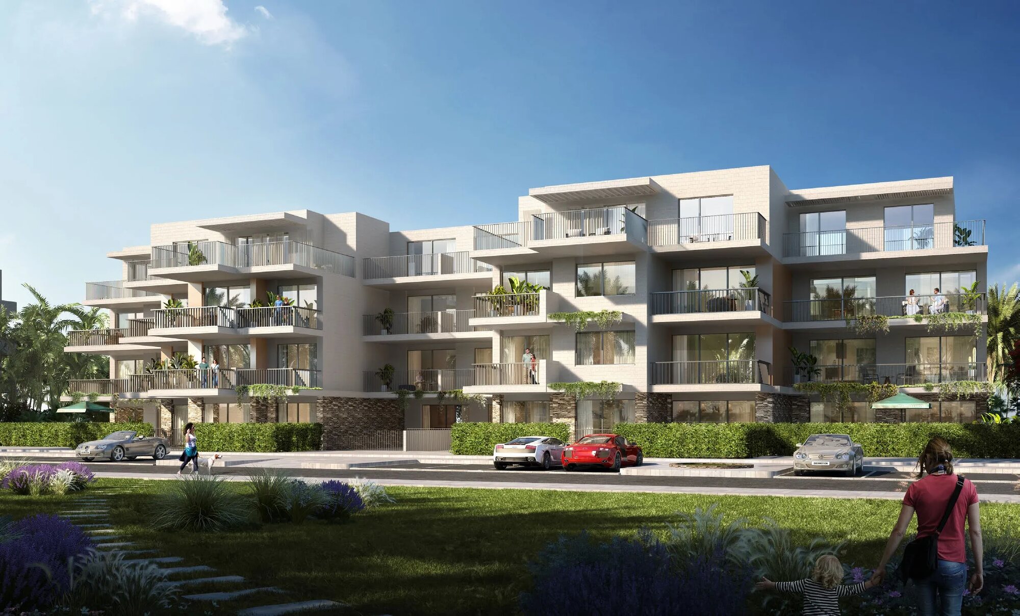 Modern lagoon apartment buildings at Silversands