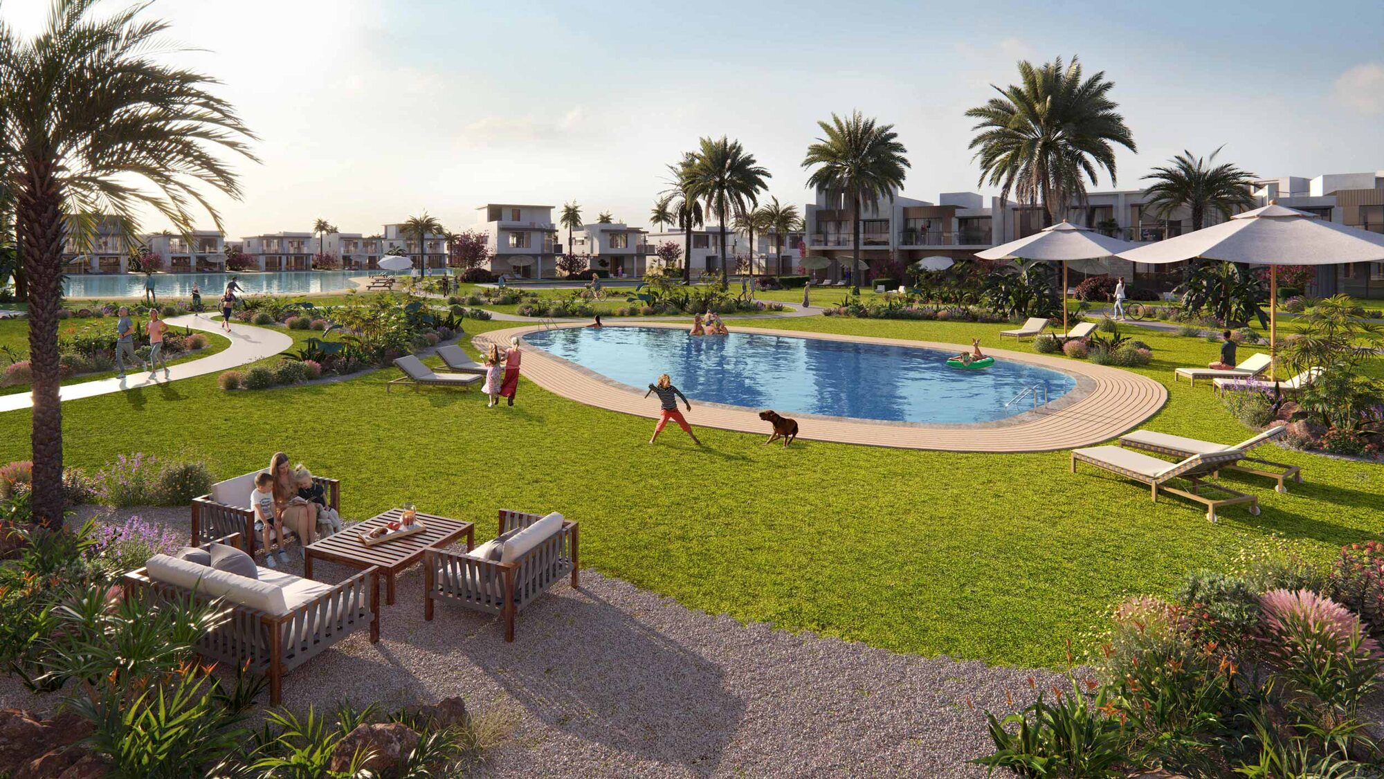 A central pool and lawn at Silversands