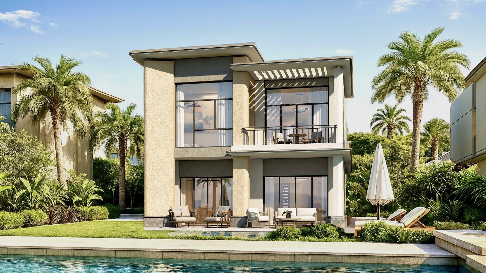 Villa garden elevation with pool and pergola